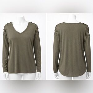 Express Olive Lace-Up Shoulder Long Sleeve Top - Women’s Size Medium
